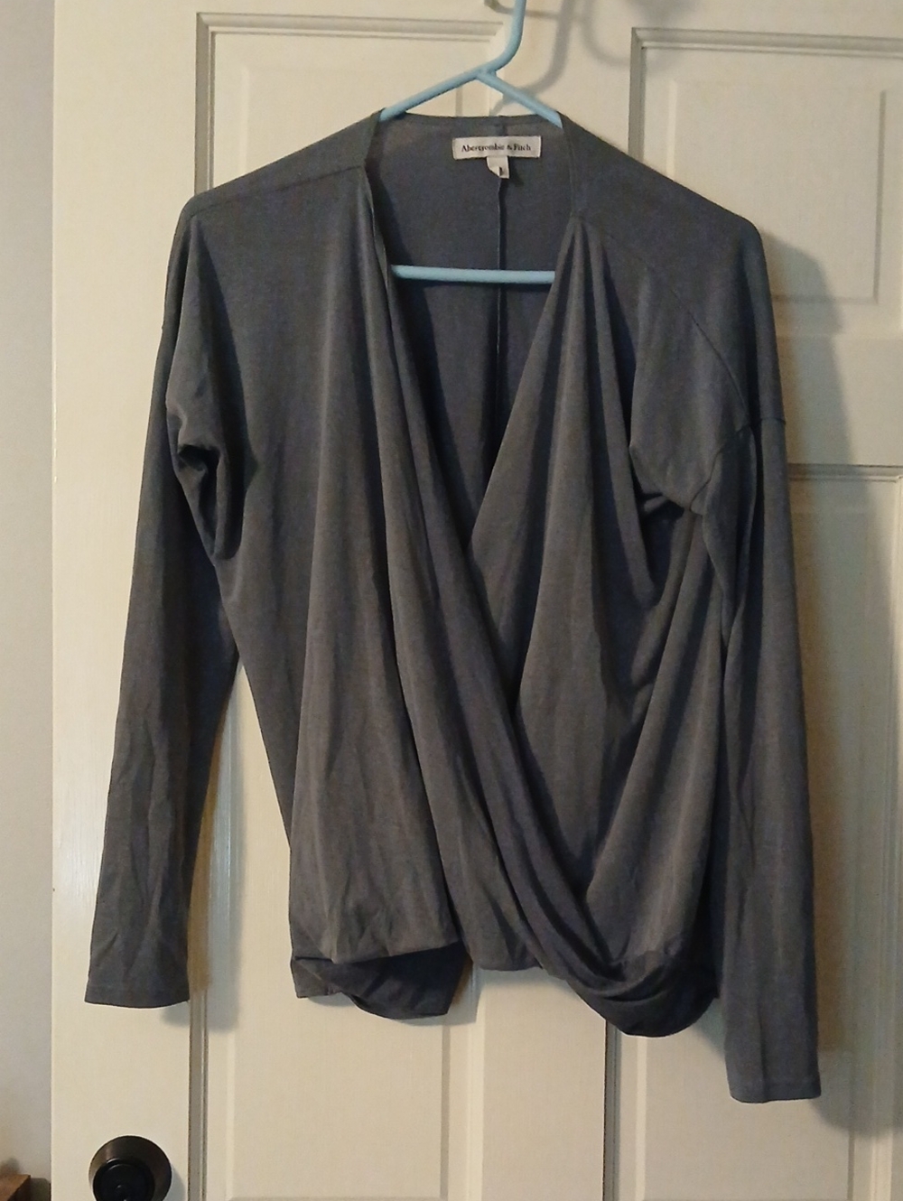 Abercrombie & Fitch Grayish Blue Draped Wrap Long-Sleeve Top